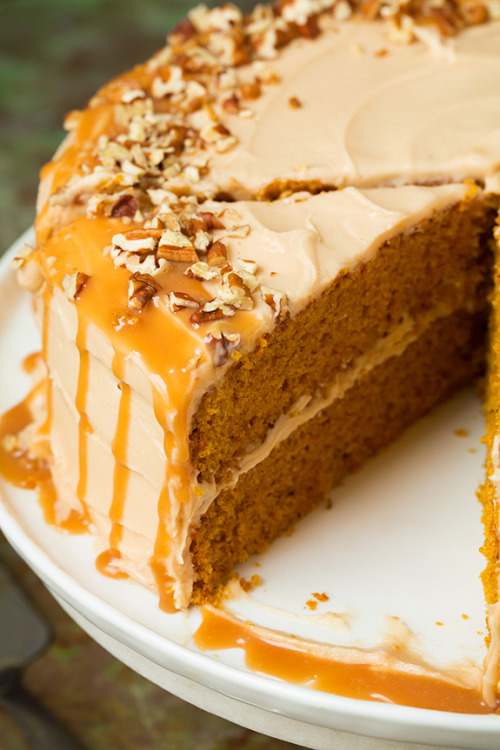 sweetoothgirl:    Browned Butter Pumpkin Cake with Salted Caramel Frosting  