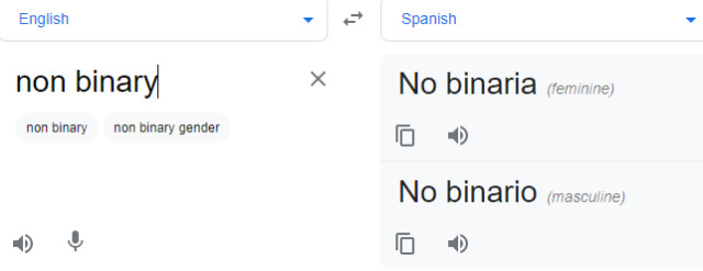 lazyleezard:neurotypical-karen:transgenderhelp:guiltyidealist:DNDISJRFIVHHAWYUGGAHWIGIDNWIFHSNote from a Spanish speaker: I’ve only ever heard it as “no binario,” always, just like how it’s always “transgénero.” Even “mujer transgénero.”