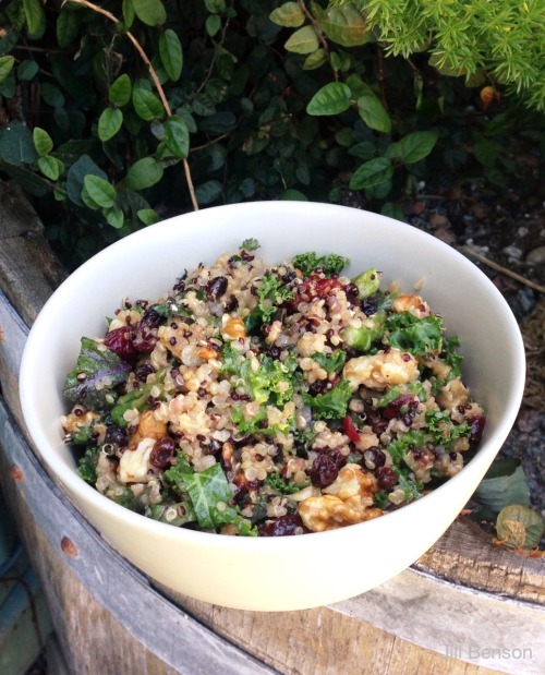 Quinoa and Kale Salad with Blanched Asparagus, Roasted Cauliflower, Currants, Cranberries, and Walnu