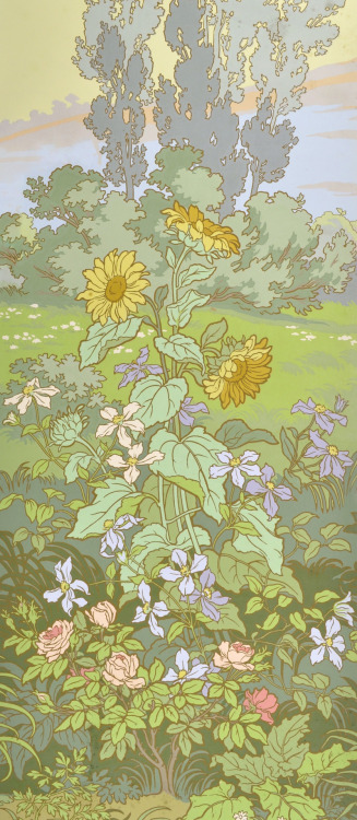 clawmarks:Flower landscape with sunflowers - Desfossé &amp; Karth - c.1890 - via Deutsches Tapetenmuseum