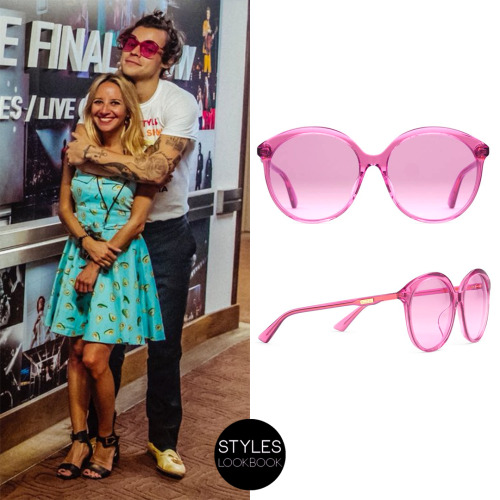 styleslookbook:Backstage at The Forum, Harry wore Gucci round-frame sunglasses. These glasses featur