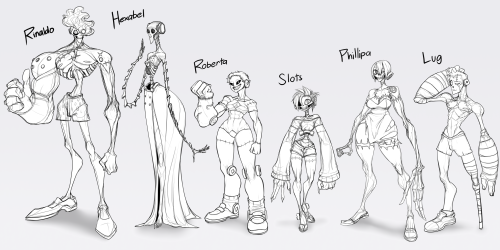 scikosis:  derekhetrickart:  Been working on my annual “draw a bunch of undead characters, I guess” kick. Touched up some older ones and made a couple new ones (〃・ω・〃)ノ~☆  Ayyy but Roberta tho Frankenstein monsters are important 