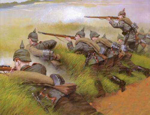 Illustration of German soldiers in battle in East Prussia, 1914.