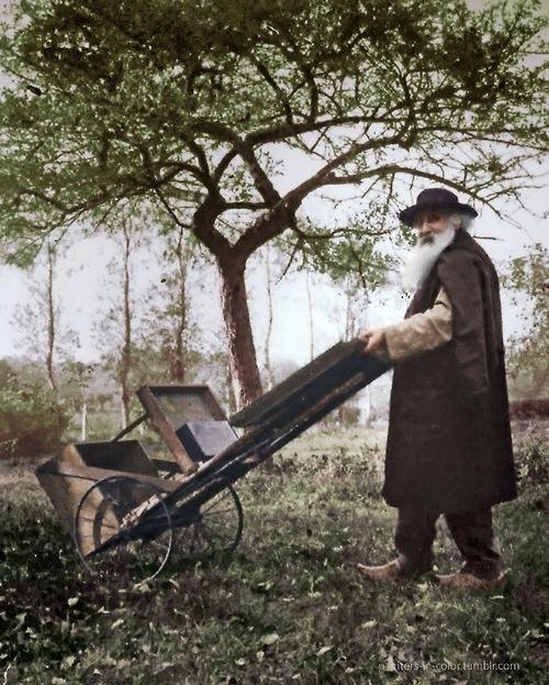 artfreyparis:Impressionist painter Camille Pissarro with his mobile easel, c.1895. Colorized by pain