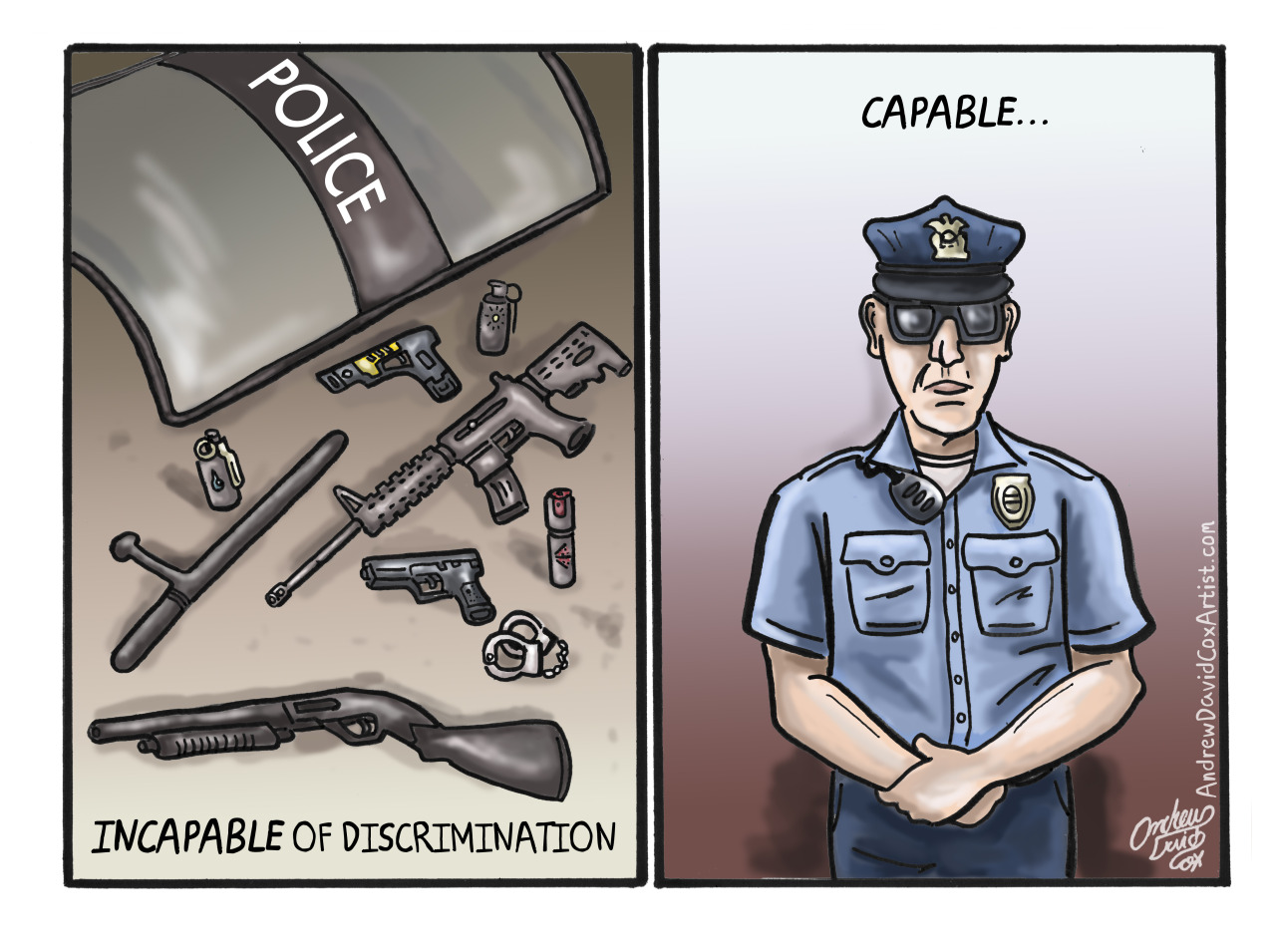 andrewdavidcoxartist:  &ldquo;Guns don’t kill people, discrimination does.&rdquo;