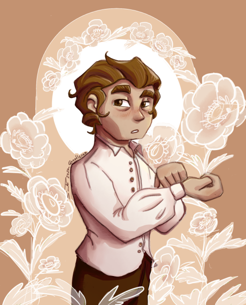 A digital illustration of a hobbit with eyebags, looking at us, he has big eye brows, square eyes. He has his wavy hair combed back. He has a soft natural blush over his cheeks. A little light in his eyes. He looks like he just noticed us seeing at him. He is wearing a shirt a puffed shirt. He is fasting a button on the sleeve on that shirt. There are anemona flowers around him, but they seem to be transparent. The colors around him are soft.
