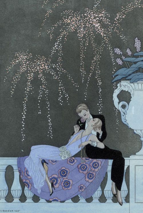 mote-historie: George Barbier, Le Feu (The Fire), lithograph from Falbalas et Fanfreluches, Almanach