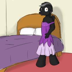 Midnight Moon being caught in a dress by