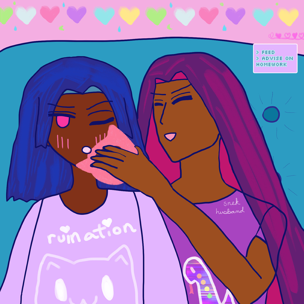 Alejandro is feeding Antonio a pink kitty doughnut! Antonio has blue hair like waves, brown skin, and a fuchsia pink eye open with another eye closed. He's blushing softly. He wears a lavender sweatshirt that says 'ruination' with hearts and has a nyanya smile kitty on it. The Alejandro who is feeding him the donut has light bronze skin, happy closed eyes, an open-mouth cheery smile, falling red-violet hair, and wears a violet shirt with a chibi snake with its pink forked tongue out. It's slightly rainbowing with a few dots that are red-orange, orange, yellow and green. It says 'snek husband' on the top part of his shirt. They're sitting on an aqua restaurant seat. Above there's a bunch of ranbowing hearts and an aqua waterdroplet and light green moon and dots interchanged as design work. There's a loopy notebook pink heart design at the end. There's a lavender prompt box by Alejandro's feeding Antonio the pink kitty donut that says in pixel font 'feed' or 'advise on homework' in teal with aqua-bordering.