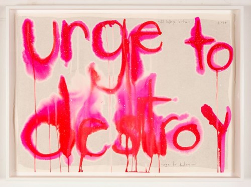 typodescript: stranger-smiles:Urge to Destroy by Del Kathryn Barton [ID: dripping red paint bleeding