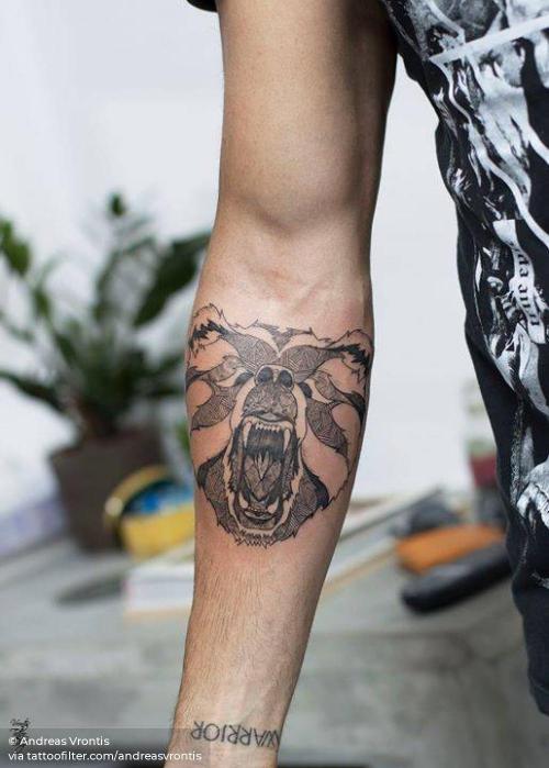 By Andreas Vrontis, done in Limassol. http://ttoo.co/p/35760 andreasvrontis;animal;bear head;bear;contemporary;facebook;illustrative;inner forearm;medium size;twitter