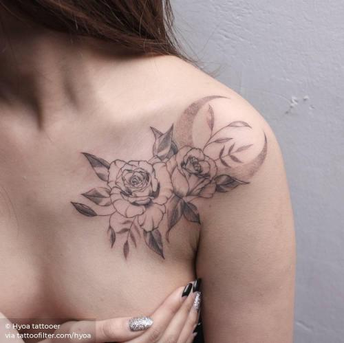 By Hyoa tattooer, done in Seoul. http://ttoo.co/p/35677 astronomy;big;chest;collarbone;crescent moon;facebook;fine line;flower;hyoa;illustrative;line art;moon;nature;rose;shoulder;twitter