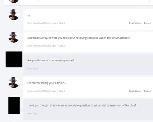 BAD OKCUPID MESSAGE BINGO! A)  Opening message is an emoji. B) Ugly hat in default photo C) Pud