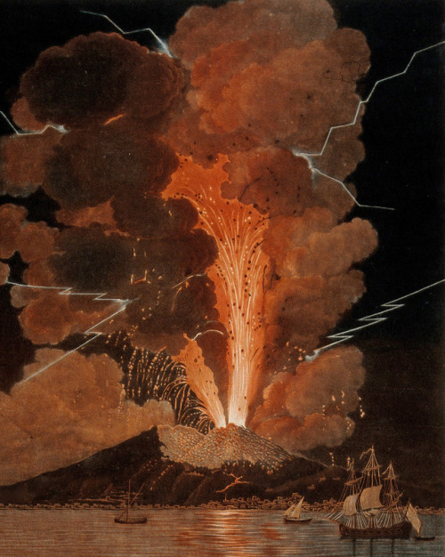 Mount Vesuvius erupting at night, billowing clouds and flashes of lightning, and with many spectator