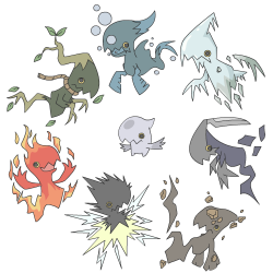 cyare:  [Unnamed Ghosts] The little guy in the middle is a ghost-type that is unsure of how it came to be a ghost. It evolves into multiple forms (all within the same species like wormadam) depending on what attack was used to faint it. This triggers