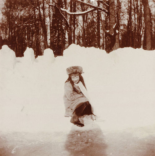 Anastasia Nikolaevna Romanov having a good time in the snow. 1910