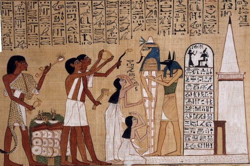 Illustration from the Book of the Dead of Hunefer, showing the Opening of the Mouth Ceremony being p