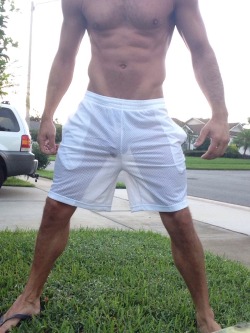 exposedhotguys:  Showing off my new mesh shorts with the liner cut out to my neighbors this morning! exposedhotguys.tumblr.com 