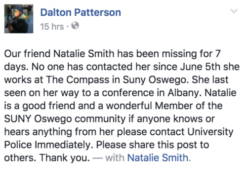 kokonutwata: hey so my friend from college, natalie has been missing for seven, going on eight days. she was headed to a conference in albany on the 5th of June, but the police report that she never made it there… she has not reached out to anyone,