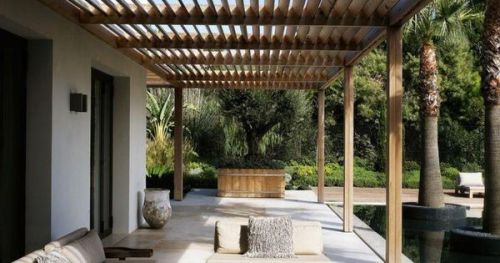 #BagoesTeakFurniture Backyard Long Paio With Wooden Furniture And Sunspot At The Poolside Nice Patio