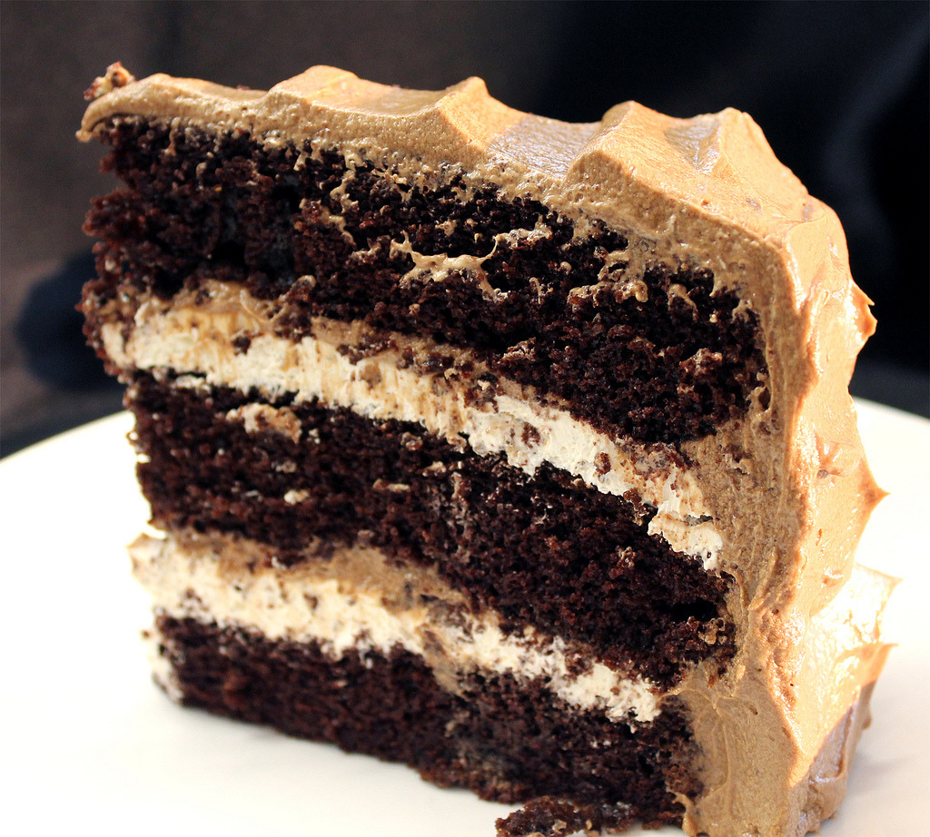 fatty-food:   	Chocolate Cake with Toasted Marshmallow Filling and Malted Chocolate