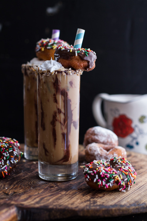 do-not-touch-my-food:  Coconut Iced Coffee with Mini Chocolate Glazed Coffee Doughnuts.