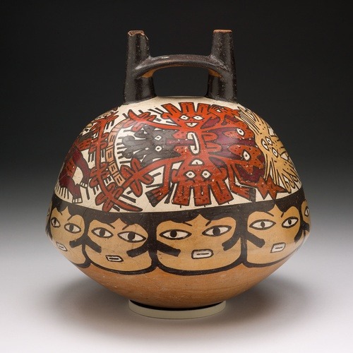 aic-americas: Vessel Depicting Ritual Performer Wearing a Feline Mask with a Symbolic Trail, Nazca, 