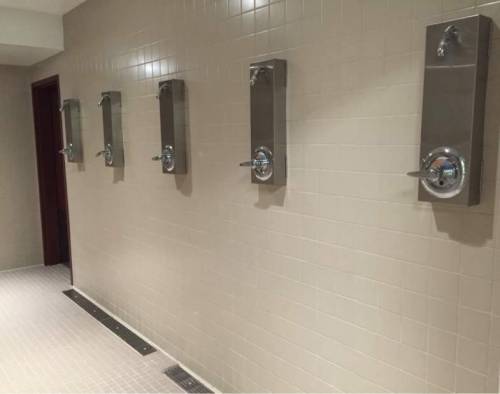 Boy’s showers at Cheshire High School, Cheshire, Connecticut. The locker room was renovated in 2015 