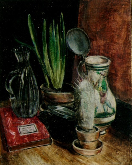 cactus-in-art:Sergius Pauser (Austrian, 1896-1970)Stilleben mit Buch, Kaktus und Glasvase, ca. 1930