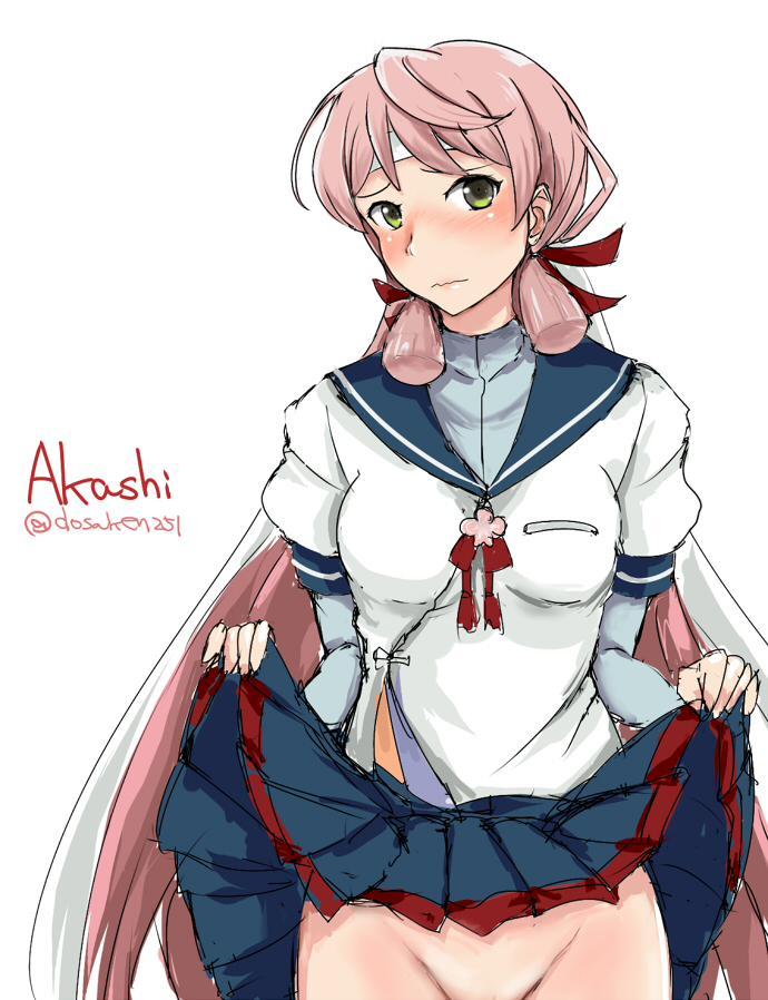 艦隊これくしょん、明石（艦これ）、dosaken、スケッチ、リボン、スカート、ノーパン、バンダナ、ヘアリボン、ロングヘア、ツインテール、スカートリフト、tress