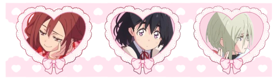 a graphic made from the main promotional art for the song "Pink Heart Forecast" or "Kokoro Yohou" by Eve. it features 3 girls cropped to be in ribbon-lined hearts. from left-to-right the first girl has red hair and is calmly looking downwards at something cropped out of the heart. the girl in the middle has short black hair and is looking directly at the camera with wide eyes. the third girl has shorter grey-green hair and is looking to the right at something cropped out of the heart. there is pink lace behind them following the hearts from the first to the third.