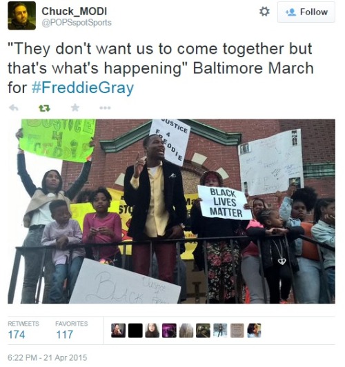 iwriteaboutfeminism:  About 1,000 protesters gathered in Baltimore to march for justice for Freddie Gray, who died earlier this week after he suffered a severed spine and crushed voice box while in police custody. Tuesday, April 21st.Part One[Part Two]