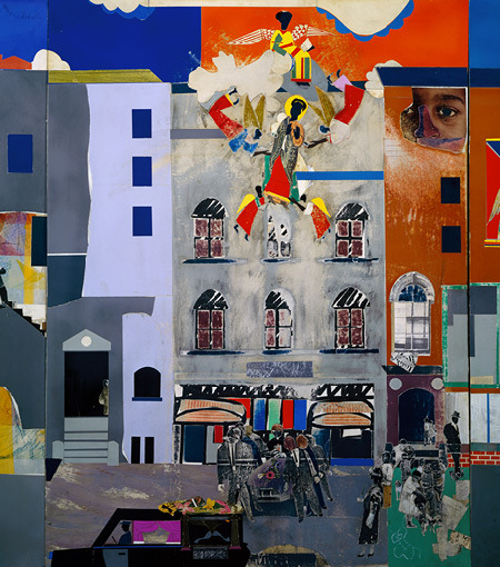 Details and preliminaries from The Block, 1971 by Romare Bearden Cut and pasted printed, colored and