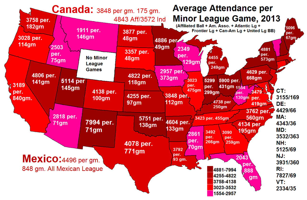 Minor League Baseball per game Attendance, 2013  - Maps on the Web