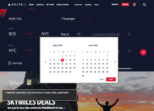 Delta Airlines date picker with two months side by side