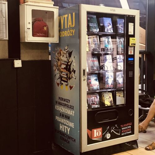 ebookfriendly: A book-vending machine at the main bus station in Cracow, Poland More