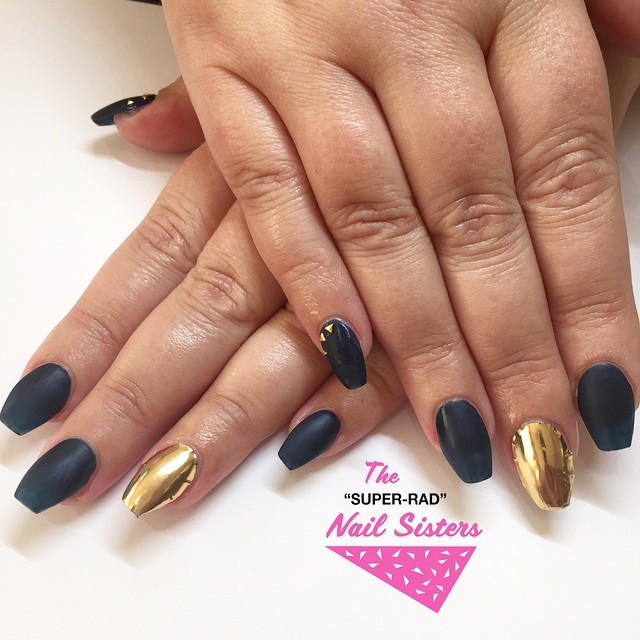The Super Rad Nail Sisters - Melbourne Nail Art – Matte navy blue coffin # acrylic set with gold...