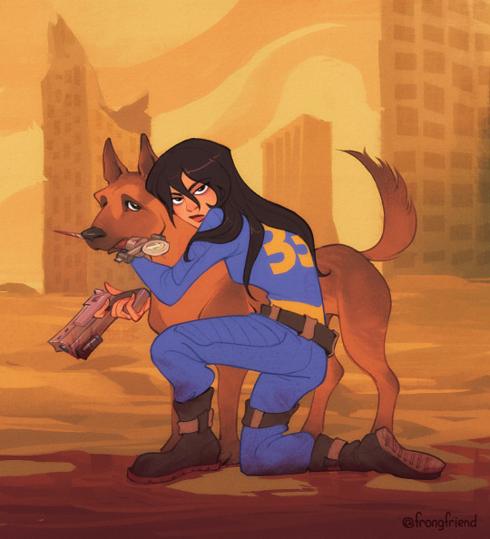 A stylized cartoon depiction of Lucy from the TV show Fallout, wearing her blue jumpsuit and looking fierce while hugging the dog Dogmeat.