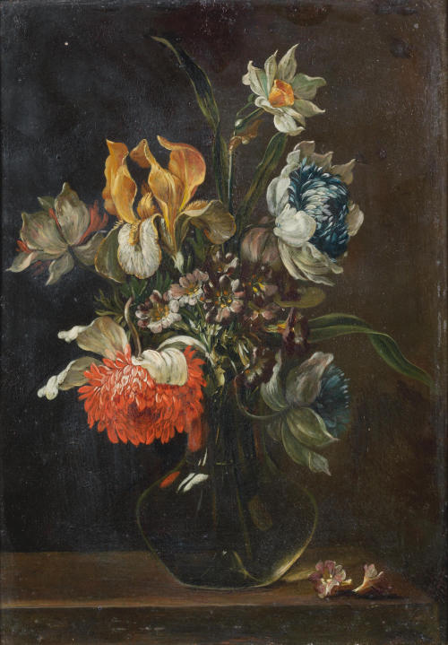 An Iris, Auriculas, and Other Flowers in a Glass Vase on a Table-Top, attributed to Antoine Monnoyer