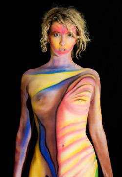 zoewilder:  I had never been body painted from head to toe before. So when photographer Nathaniel Goldstock and artist Jose Roldan of Second Skin Miami suggested it, I was game. Hours of airbrushing paid off, as you can see. For some behind the scenes