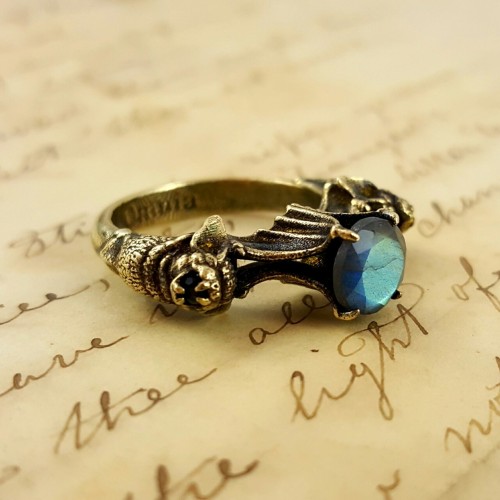 Nocturne ring, antiqued brass with black agate accents and labradorite. www.omniaoddities.com