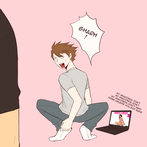 kyouryn:  College room mates AU - Part 4 - “We caught Tooru slippin”If you thought I wasn’t gonna do one with Anaconda, you were WRONG Part 1 - Part 2- Part 3 