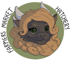 Digital Art. A Grey obelisk head with blonde hair similing on a green circle background, the text 'Farmers Market Hatchery' surrounding. By Stardewe. Clicking takes you to the forum post in Dragons For Sale.