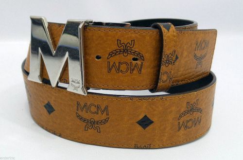 MCM Belt(Men&rsquo;s Pre-owned Cognac Black Leather Visetos Round Reversible Silver M Buckle Belt)