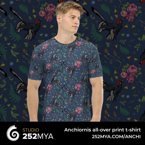 Our very first all-over print men’s t-shirt features our four-winged friend Anchiornis with th