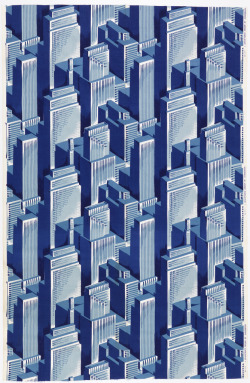 nemfrog:Textile, “Big City,” 1960s. Screen print on cotton weave. love that this hard image is a soft fabric