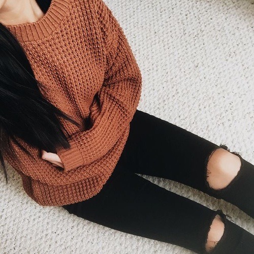 khaki sweater - black ripped jeans