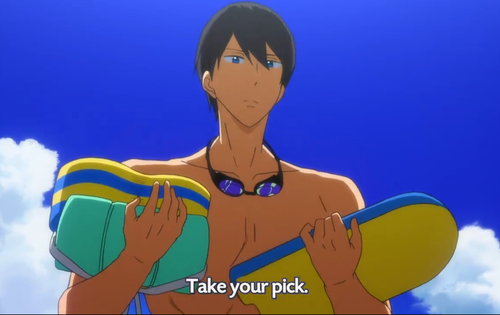 olderaang:  so I was watching free! yes. and I noticed what was on rei’s kickboard. he had a choice in choosing it  yes okay he had a choice and what is on the kickboard?  a penguin.