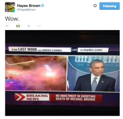 bigfatfeminist:  obama calls for peace while police deploy tear gas on protestors every news channel is showing a split screen like this 