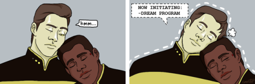 yesimgaythanks:dibujosdelcolibri:[id: a two-page panel comic featuring Geordi and Data from Star Tre